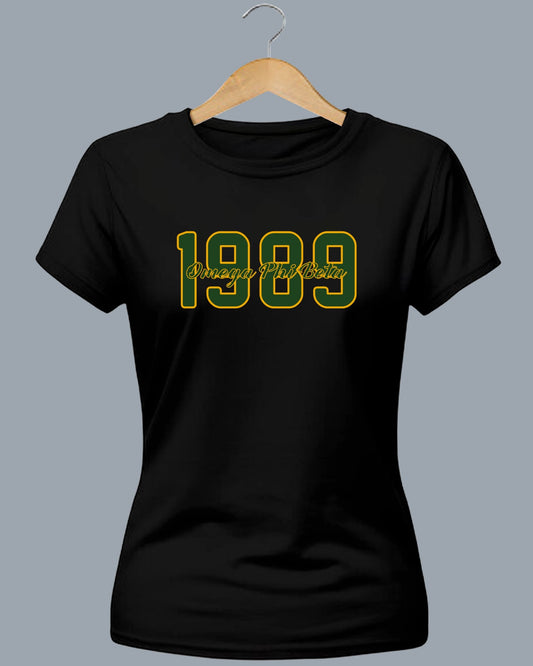 OPB 1989 Fitted T-Shirt - Green Numbers and Letters - Gold Border