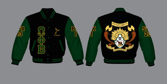 OPB Varsity Wool Jacket with Leatherette Sleeves - Crop Version - Black with Green Sleeves