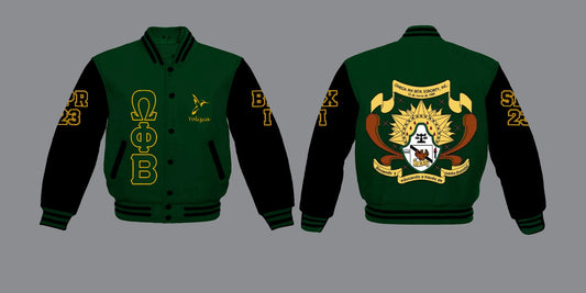 OPB Varsity Wool Jacket with Leatherette Sleeves - Crop Version - Green with Black Sleeves