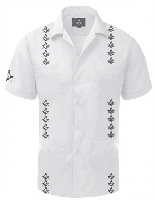 Short Sleeve White and Black Freemasonry Guayabera