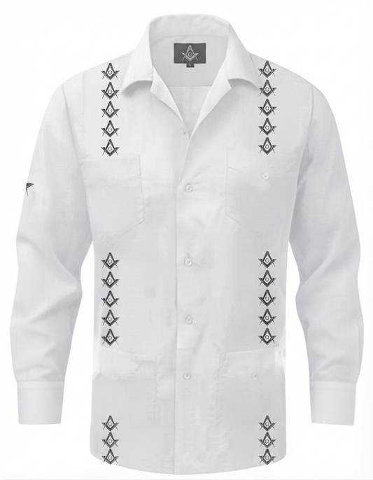 Long Sleeve White and Black Freemasonry Guayabera