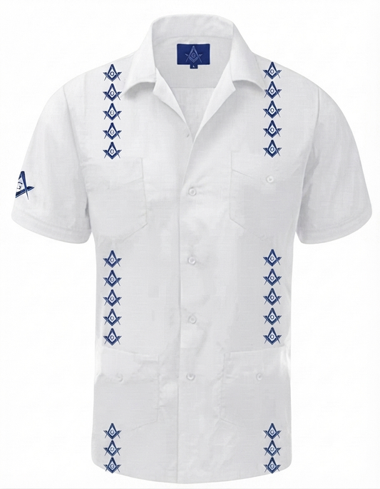 Short Sleeve White and Blue Freemasonry Guayabera