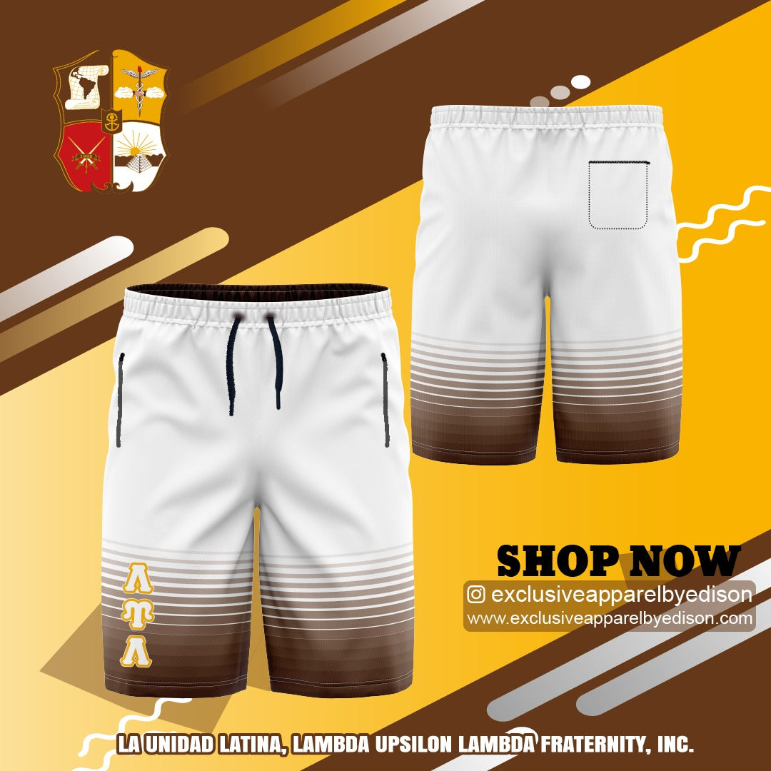 LUL Swimming Trunks (White with Brown Stripes and LUL)