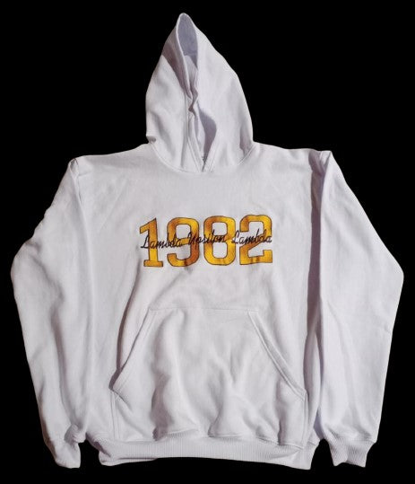 White 1982 Lambda Upsilon Lambda Hoodie (Fully Embroidered)
