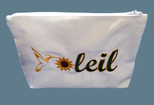 OPB Embroidered Soleil Makeup Bag (Green Letters, Gold Border, Gold Hummingbird)