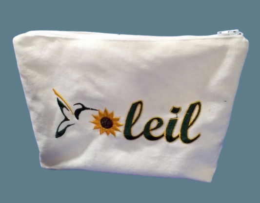 OPB Embroidered Soleil Makeup Bag (Green Letters, Gold Border, Multi-Color Hummingbird)