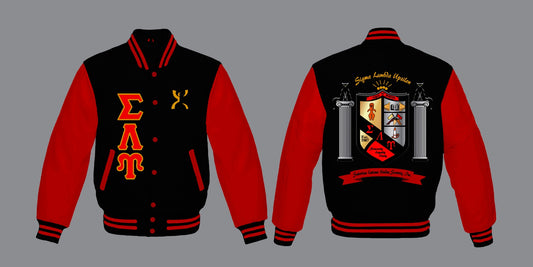 SLU Varsity Wool Jacket with Leatherette Sleeves - Regular Length Version - Black with Red Sleeves