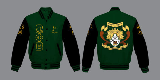 OPB Varsity Wool Jacket with Leatherette Sleeves - Regular Length Version - Green with Black Sleeves