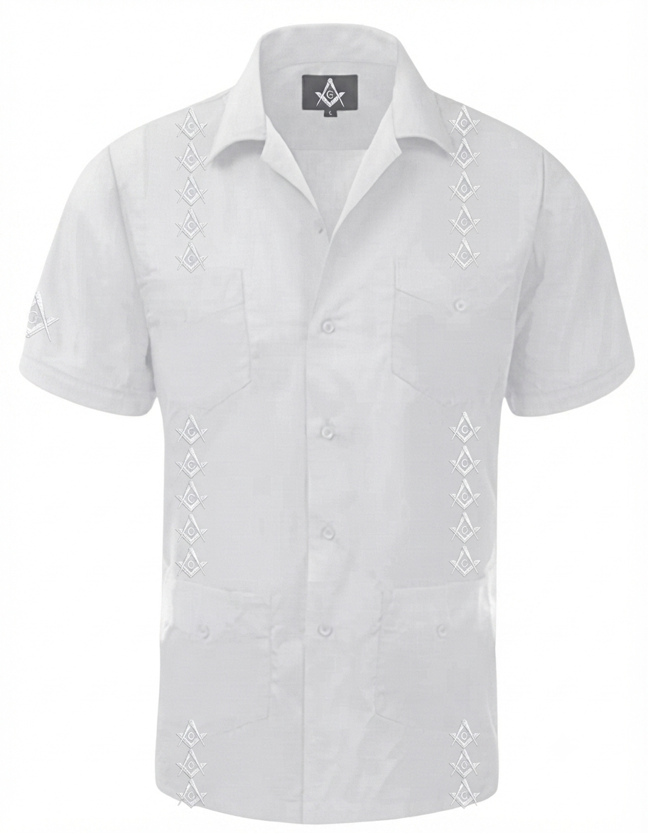 Short Sleeve White Monochromatic Freemasonry Guayabera