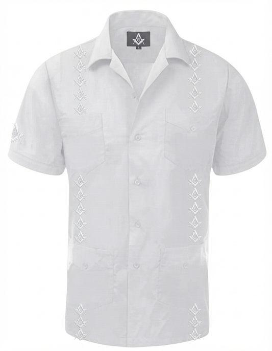 Short Sleeve White Monochromatic Freemasonry Guayabera