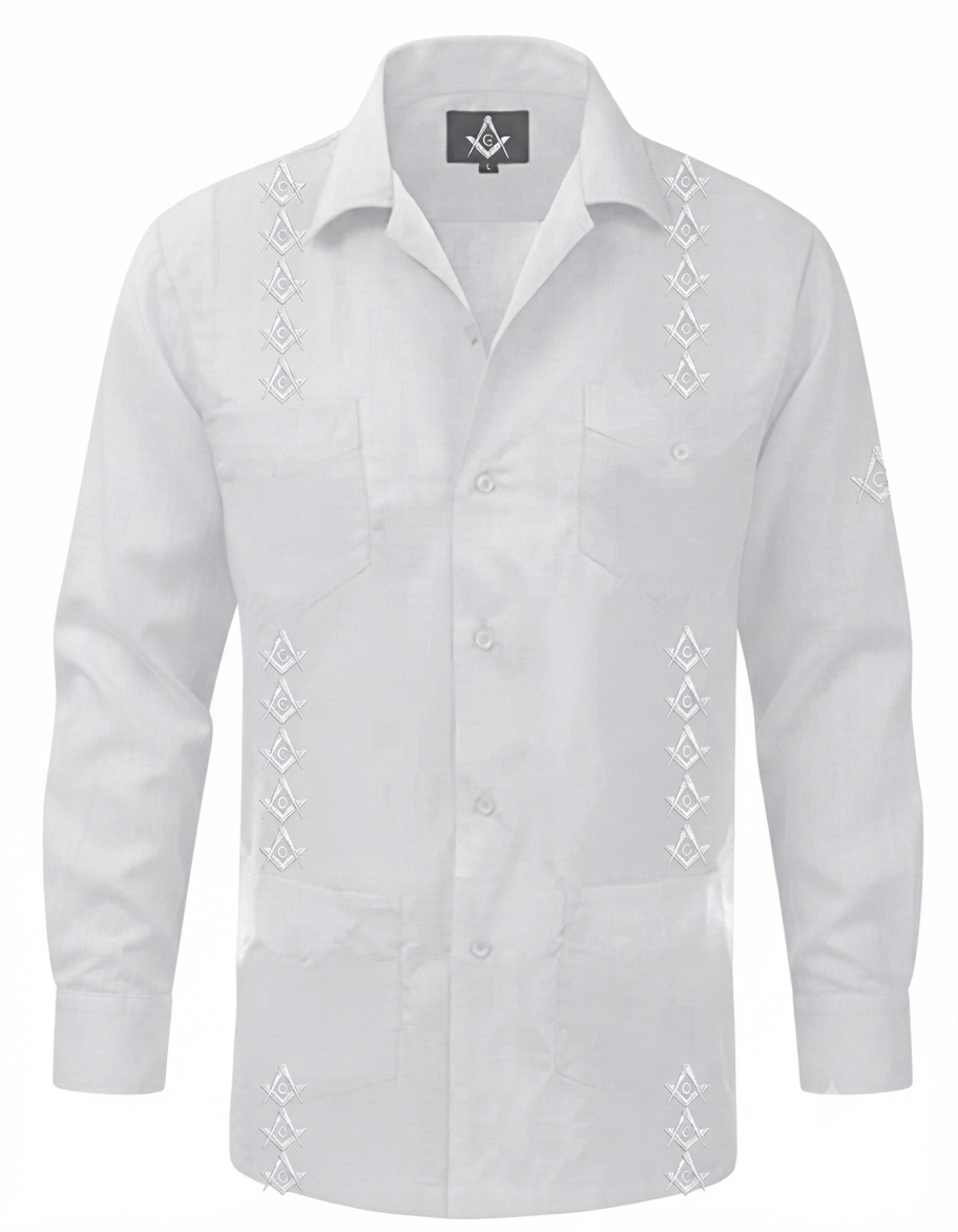Long Sleeve White Monochromatic Freemasonry Guayabera