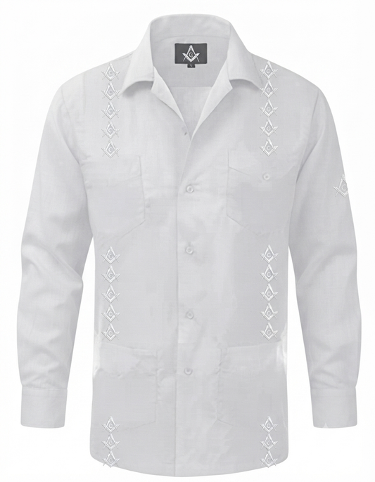 Long Sleeve White Monochromatic Freemasonry Guayabera