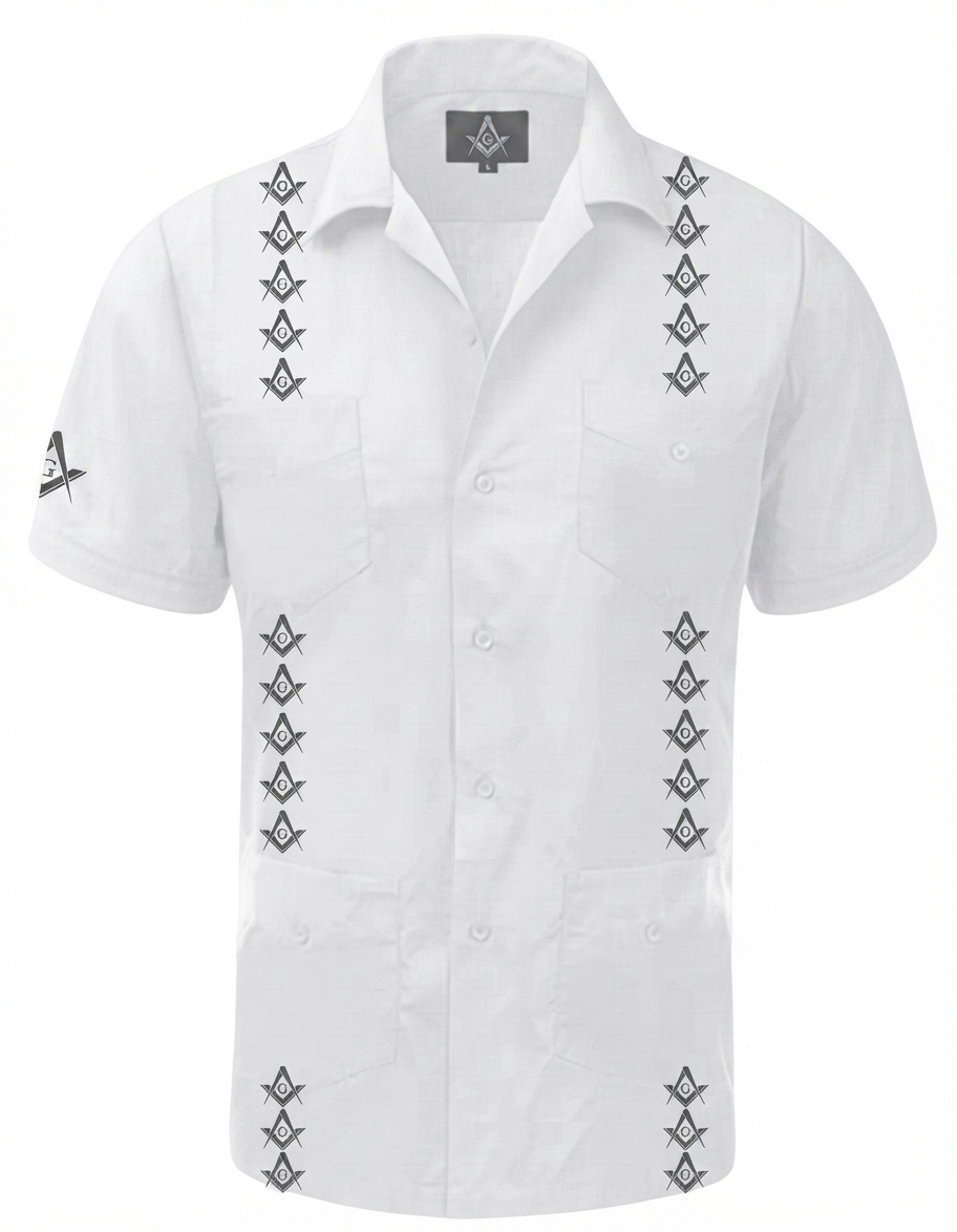 Short Sleeve White and Black Freemasonry Guayabera