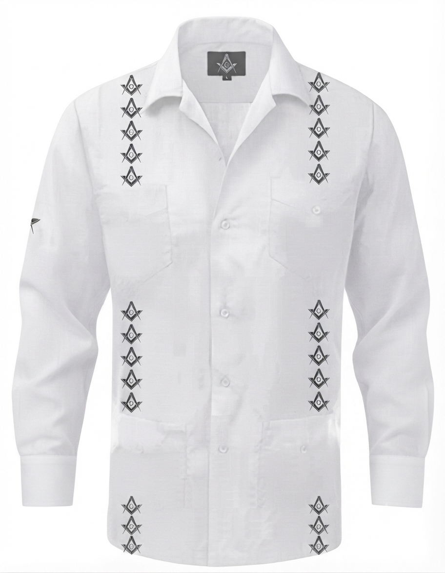 Long Sleeve White and Black Freemasonry Guayabera