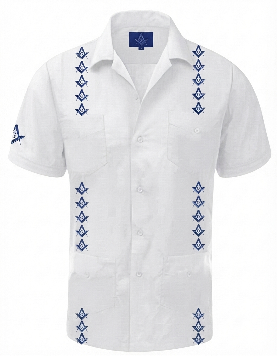 Short Sleeve White and Blue Freemasonry Guayabera