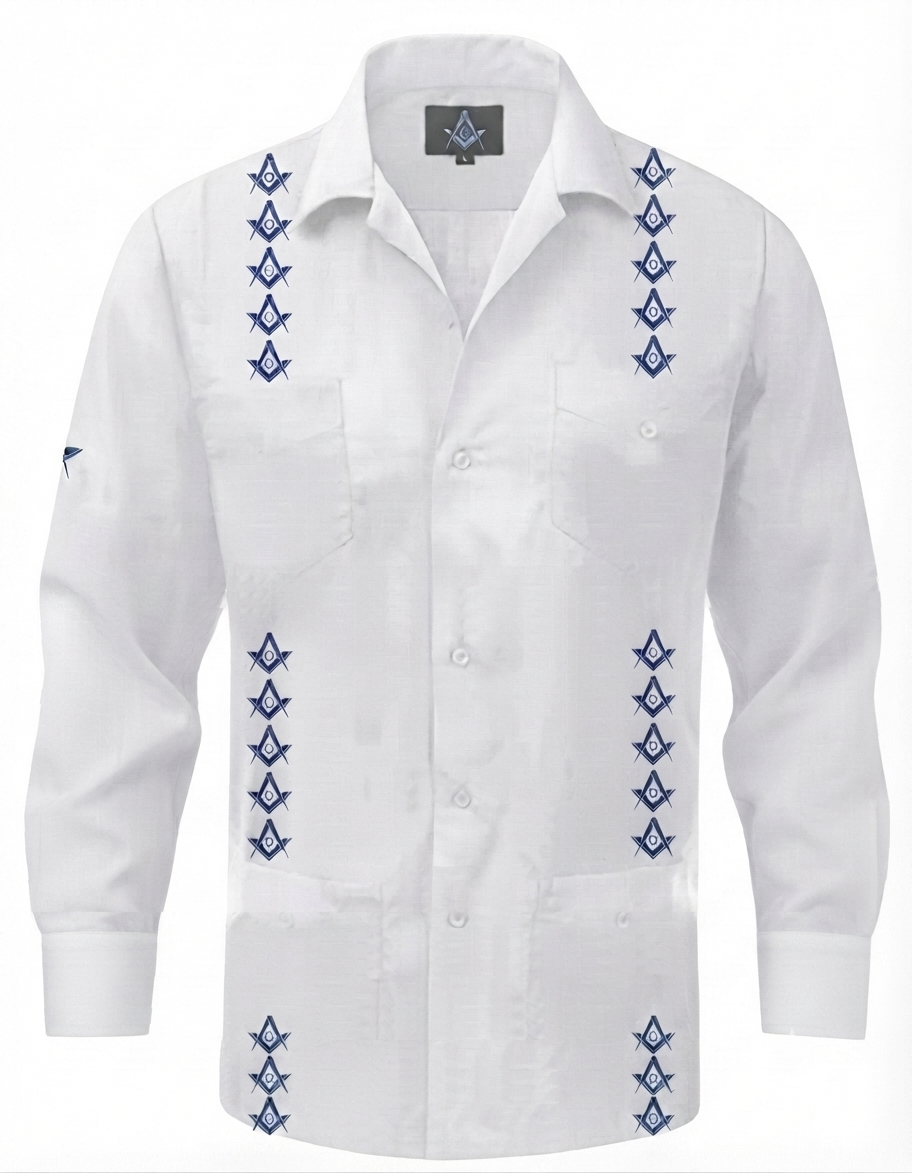 Long Sleeve White and Blue Freemasonry Guayabera