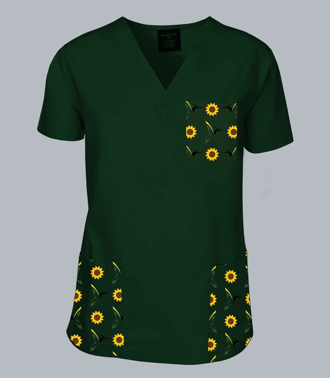 OPB Forest Green Scrub Top (Sunflower and Hummingbird)