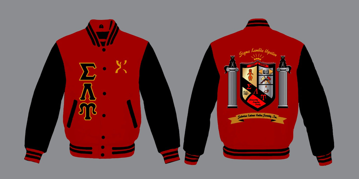 SLU Varsity Wool Jacket with Leatherette Sleeves - Regular Length Version - Red with Black Sleeves